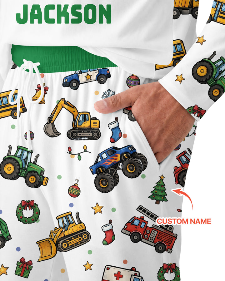 Custom Name Little Trucks Christmas Tree Bamboo Men's Pajama Set