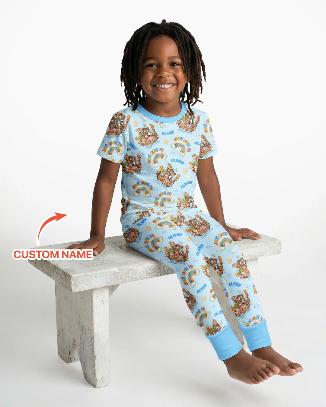 Custom Name Jesus Loves Me Noah's Ark Bamboo Two Piece Short Sleeve Pajama Set