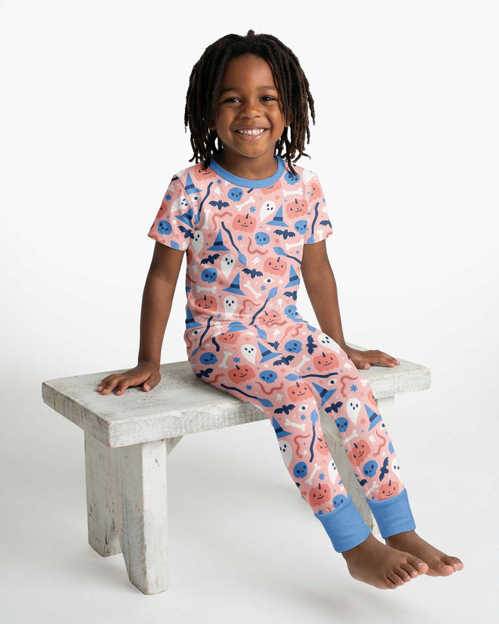 Pastel Pumpkins Skulls And Witch Craft Bamboo Two Piece Short Sleeve Pajama Set