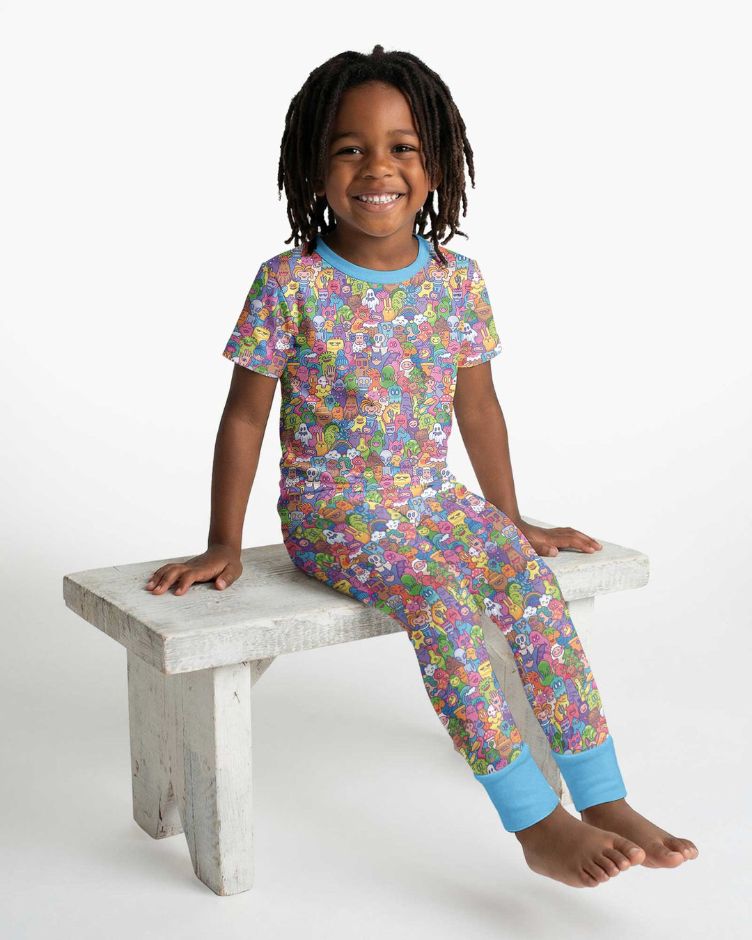 Doodle Characters Pastel Bamboo Two Piece Short Sleeve Pajama Set