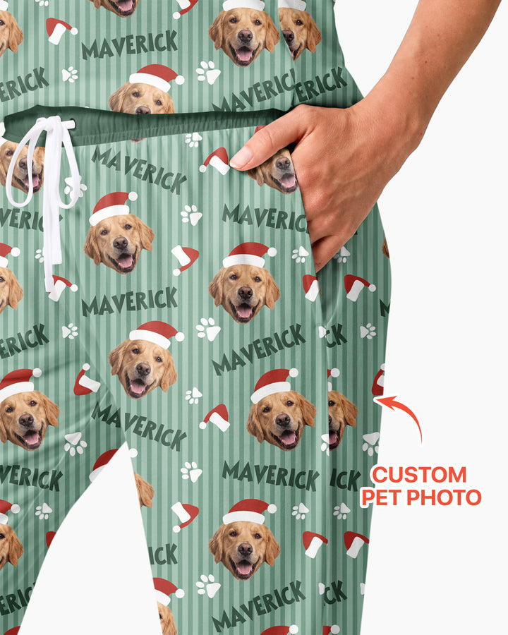 Custom Pet Photo Christmas Paws Stripe Bamboo Women Pajama Set