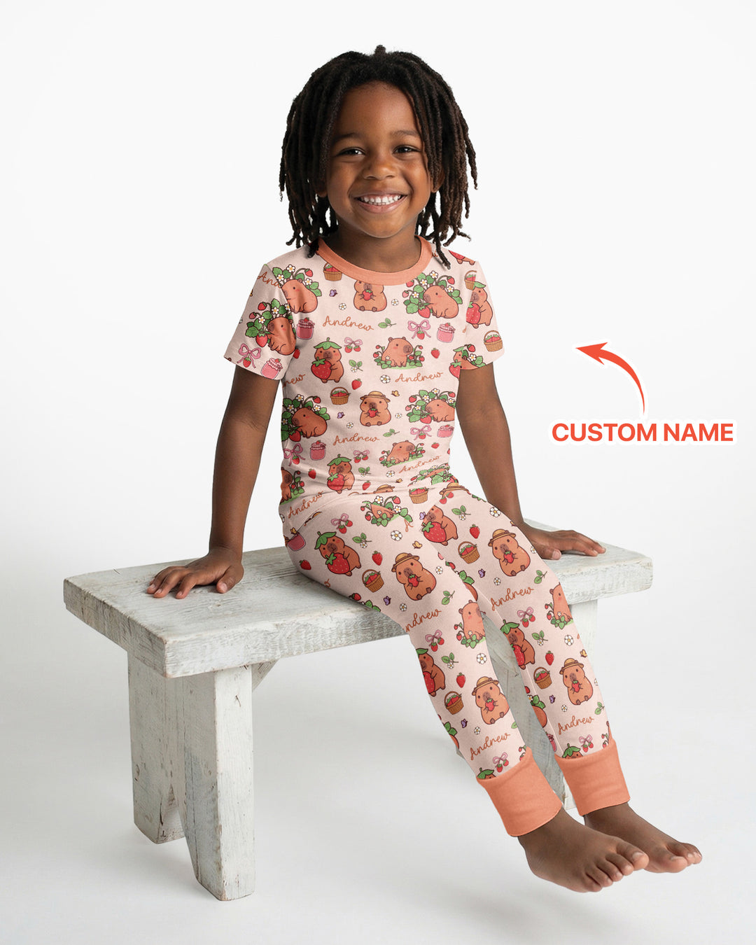 Custom Name Capybara Strawberry Bamboo Two Piece Short Sleeve Pajama Set