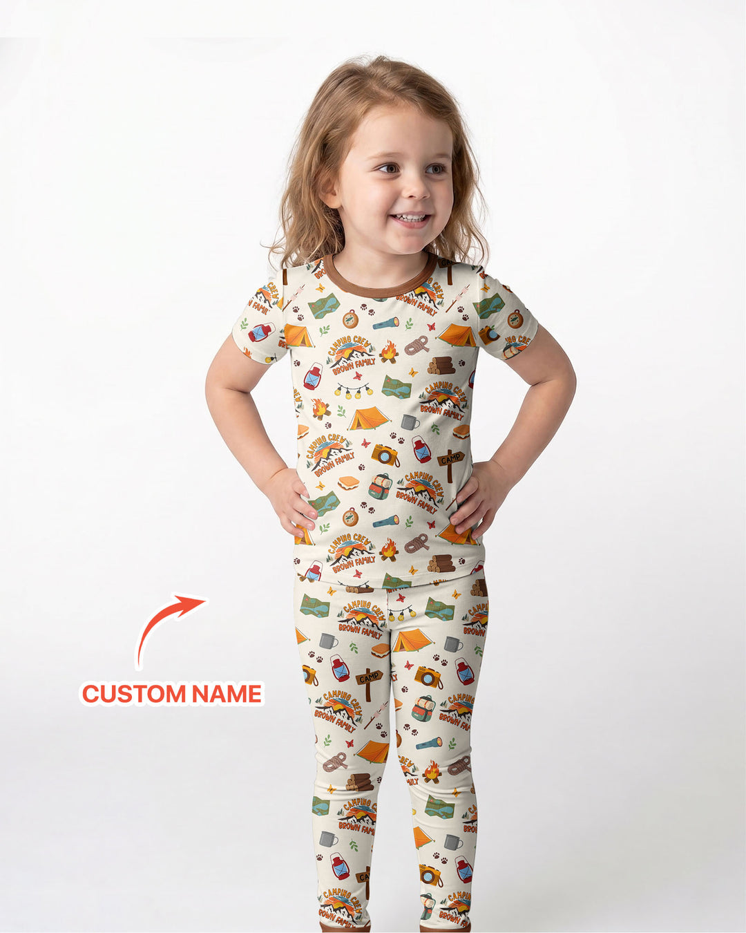 Custom Name Camping Crew Family Matching Bamboo Two Piece Short Sleeve Pajama Set