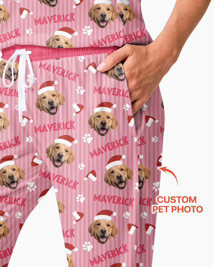 Custom Pet Photo Christmas Paws Stripe Bamboo Women Pajama Set