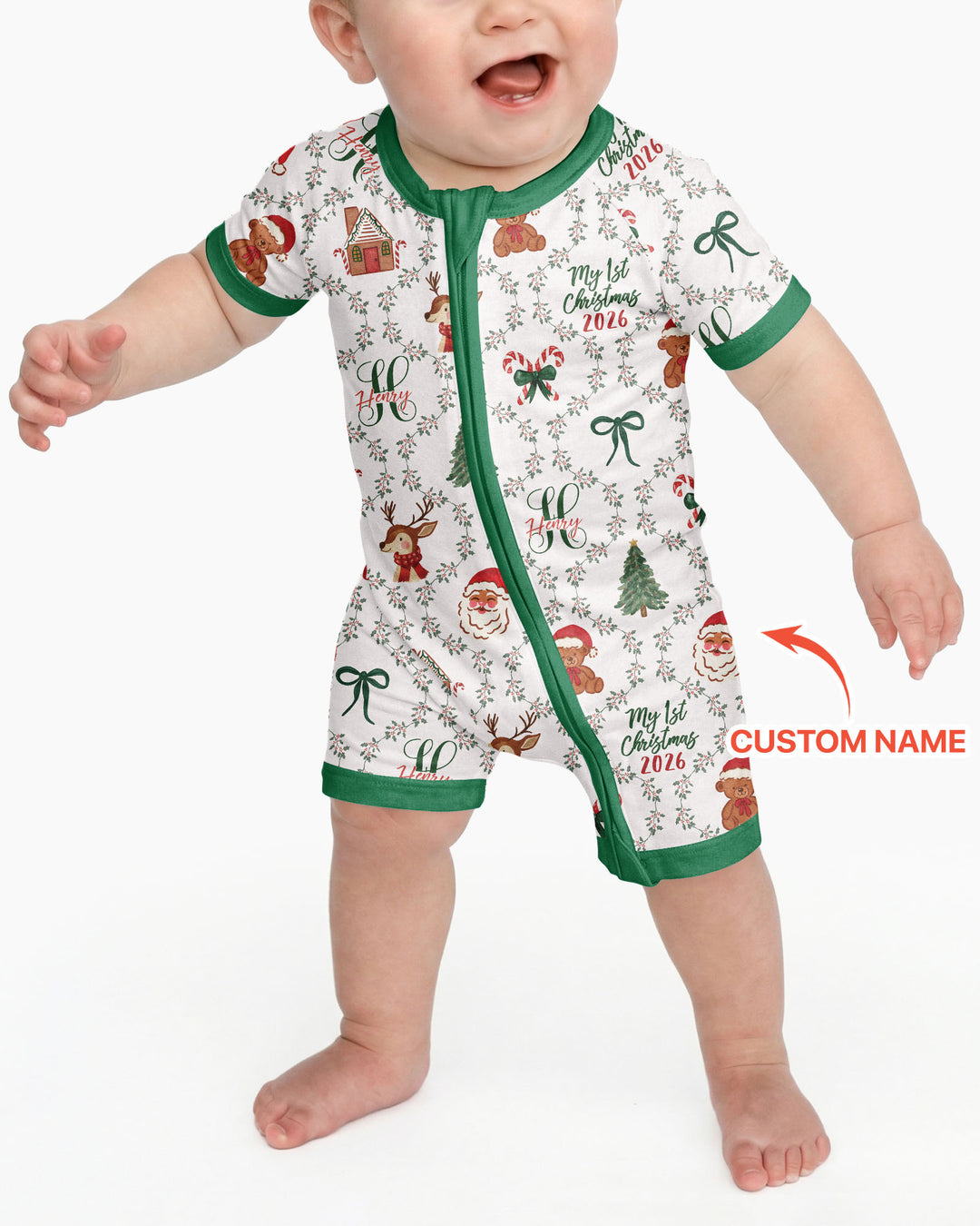 Custom name "Fancy Monogram Green Christmas 2026" Bamboo Shorty Zippy
