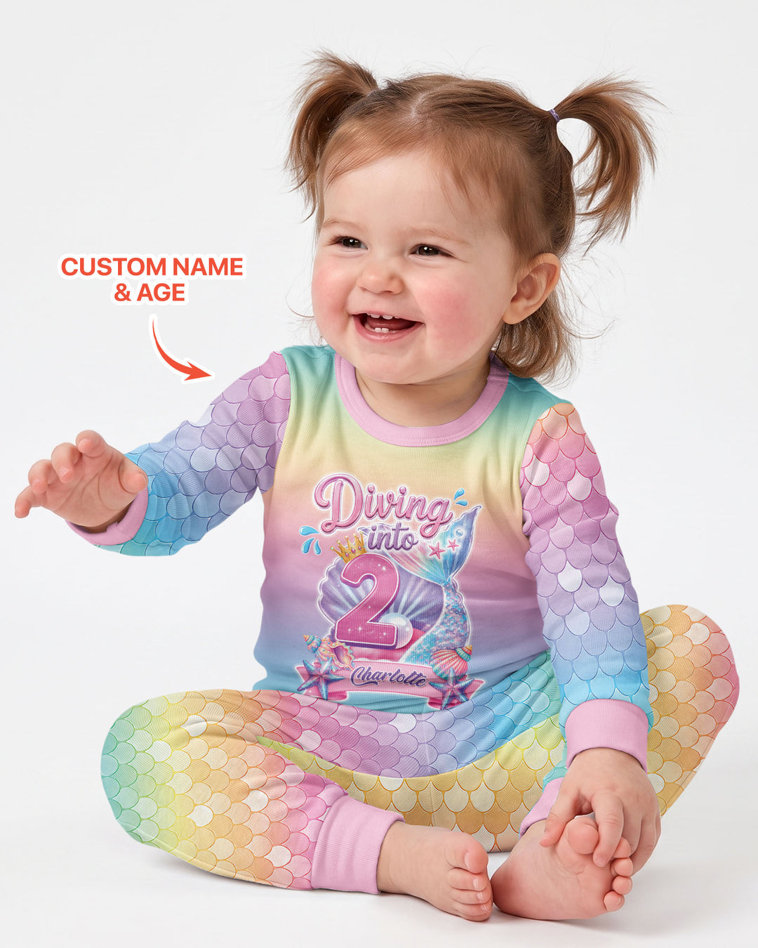 Mermaid Birthday Custom Name & Age Bamboo Two Piece Long Sleeve Pajama Set