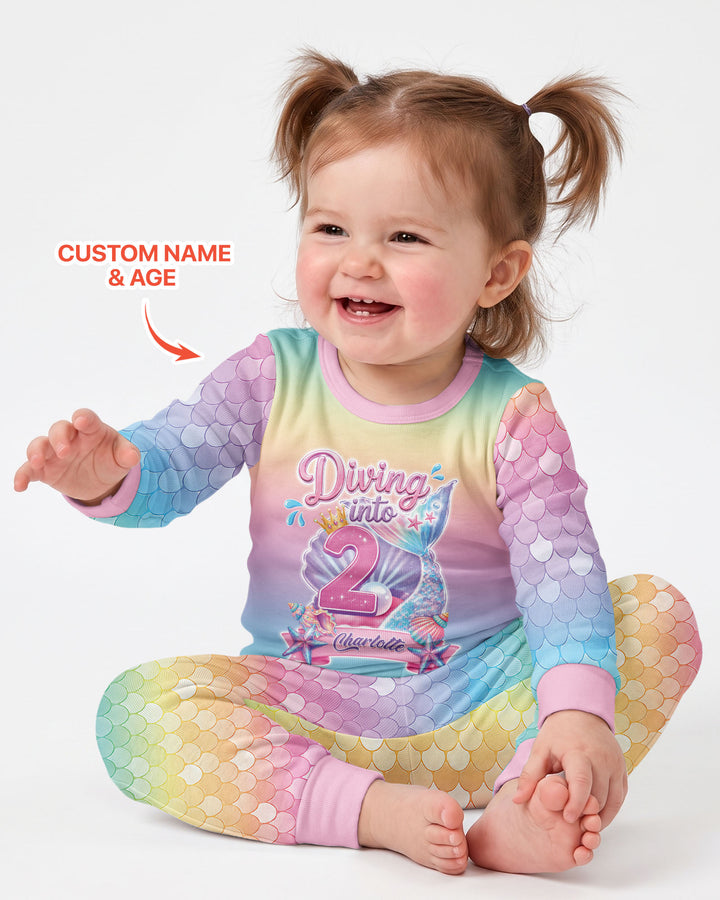 Mermaid Birthday Custom Name & Age Bamboo Two Piece Long Sleeve Pajama Set