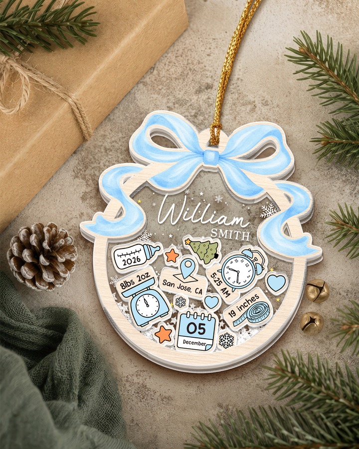 Personalized Baby's First Christmas Shaker Ornament-  Coquette Bow Newborn Keepsake