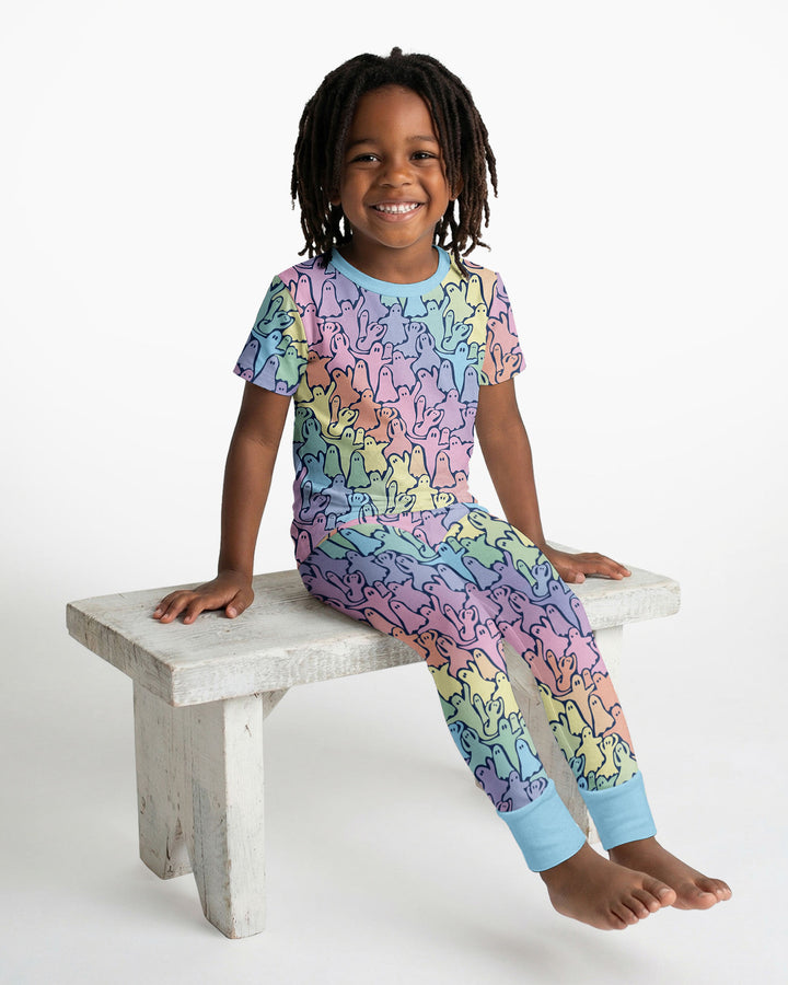 Pastel Rainbow Ghost Halloween Bamboo Two Piece Short Sleeve Pajama Set
