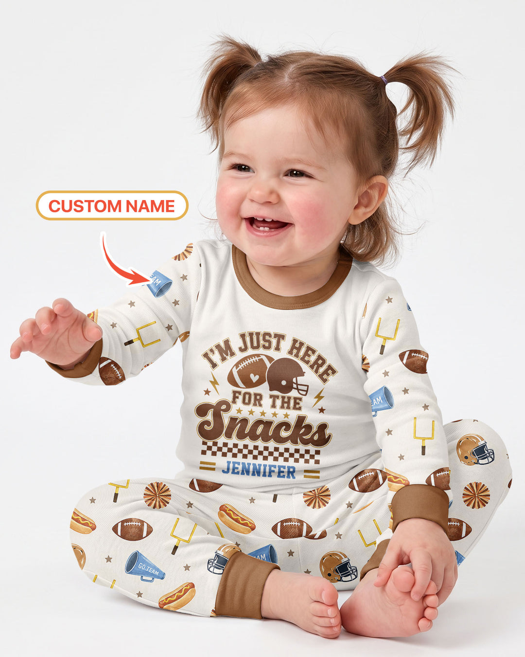 Custom Name Football I'm Just Here For The Snacks Bamboo Two Piece Long Sleeve Pajama Set
