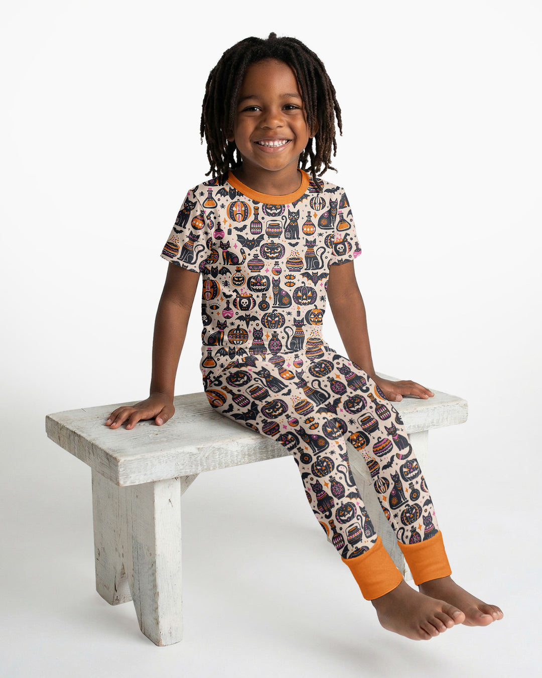 Whimsical Tribal Retro Halloween Black Cats Pumpkins Bamboo Two Piece Short Sleeve Pajama Set
