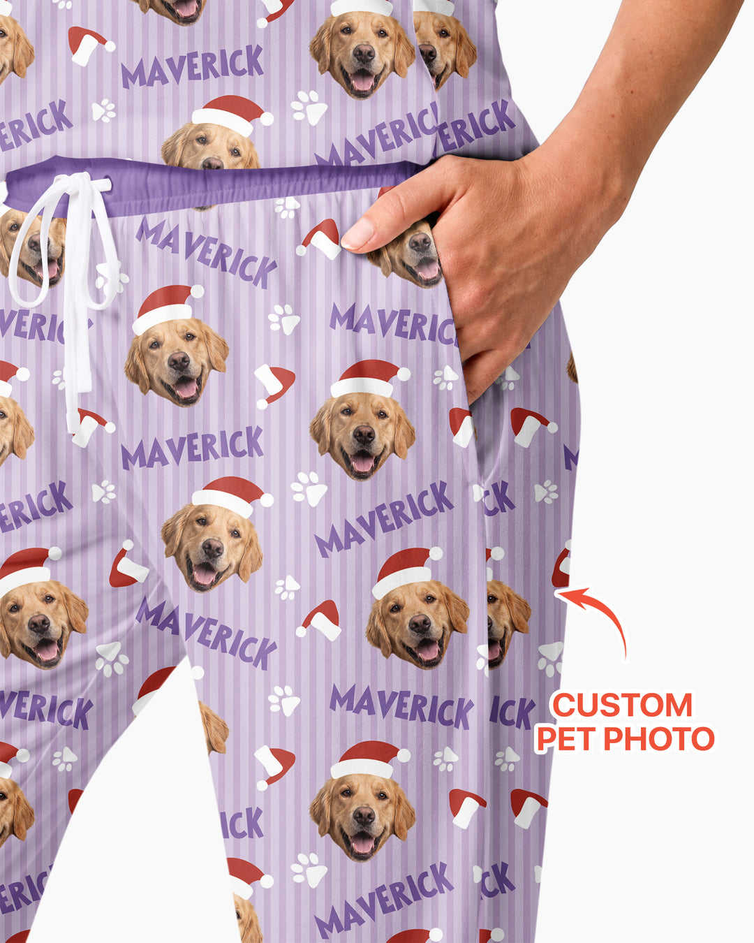 Custom Pet Photo Christmas Paws Stripe Bamboo Women Pajama Set