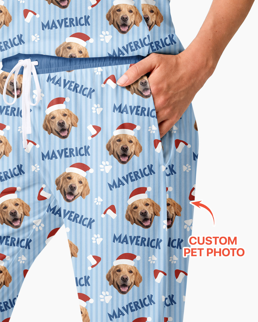 Custom Pet Photo Christmas Paws Stripe Bamboo Women Pajama Set
