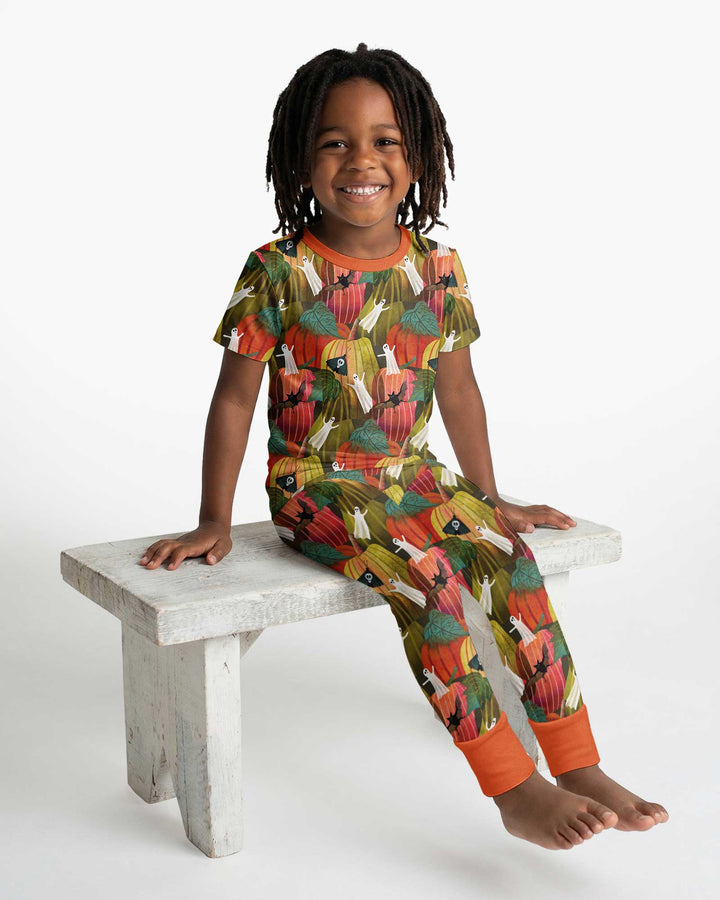 Big Pumpkin Field With Ghosts Bamboo Two Piece Short Sleeve Pajama Set