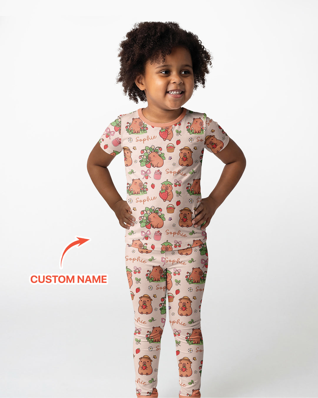 Custom Name Capybara Strawberry Bamboo Two Piece Short Sleeve Pajama Set
