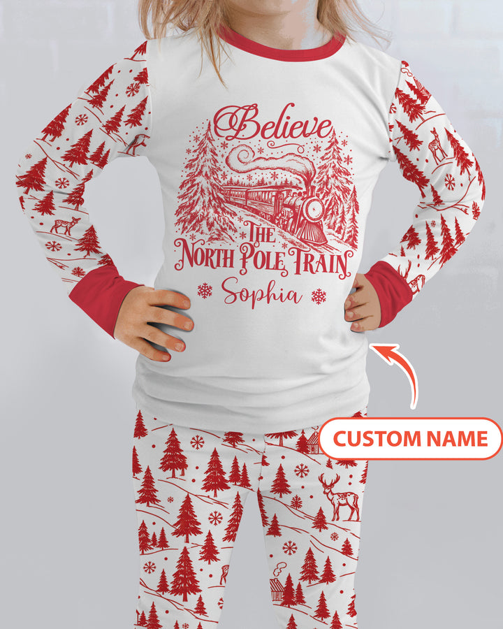 Custom Name North Pole Train Bamboo Two Piece Long Sleeve Pajama Set