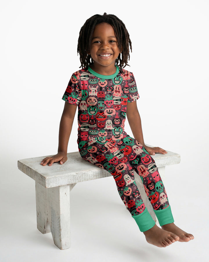Retro Halloween Monsters Ghost Pumpkin Mummy Bamboo Two Piece Short Sleeve Pajama Set