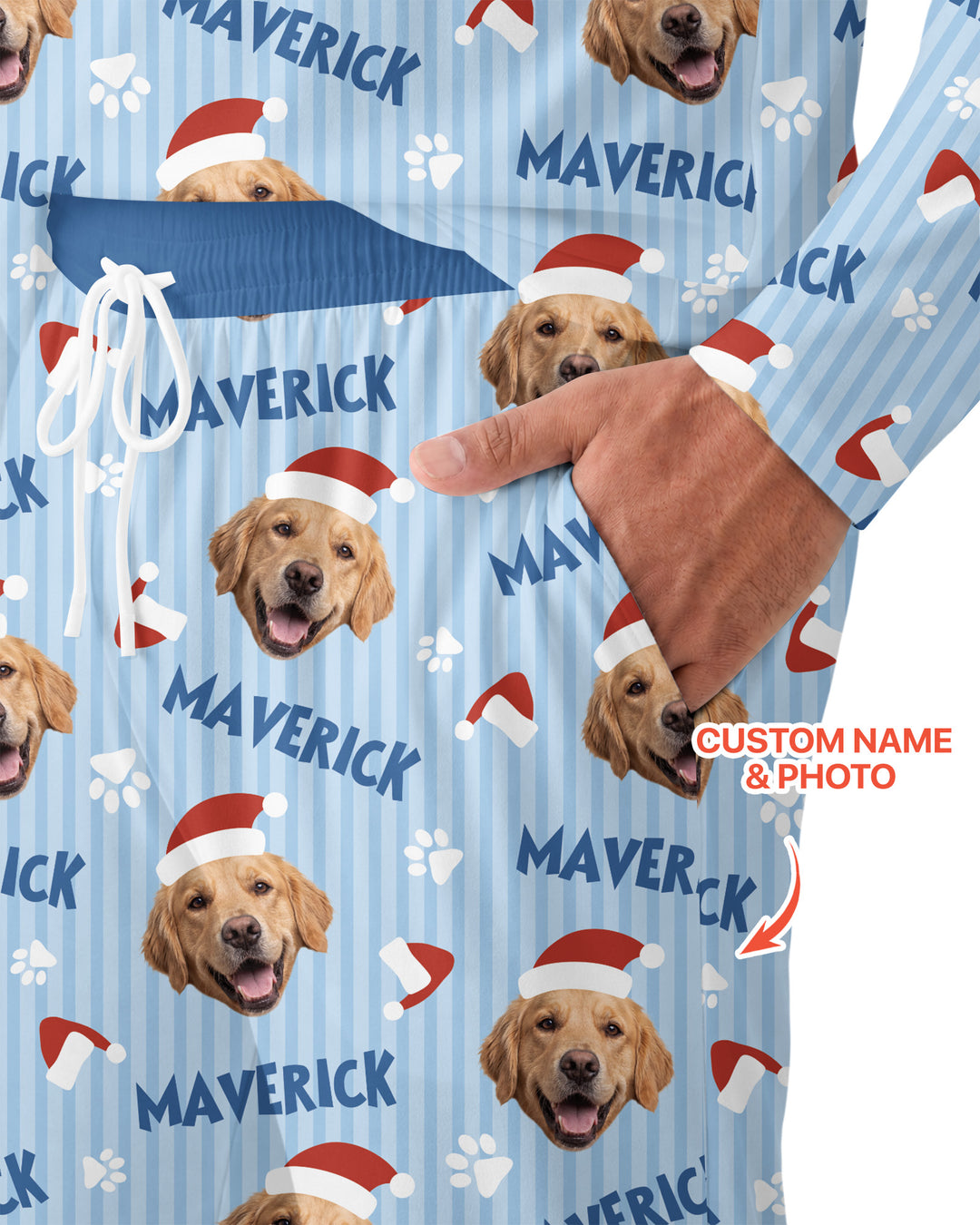 Custom Pet Photo Christmas Paws Stripe Bamboo Men's Pajama Set