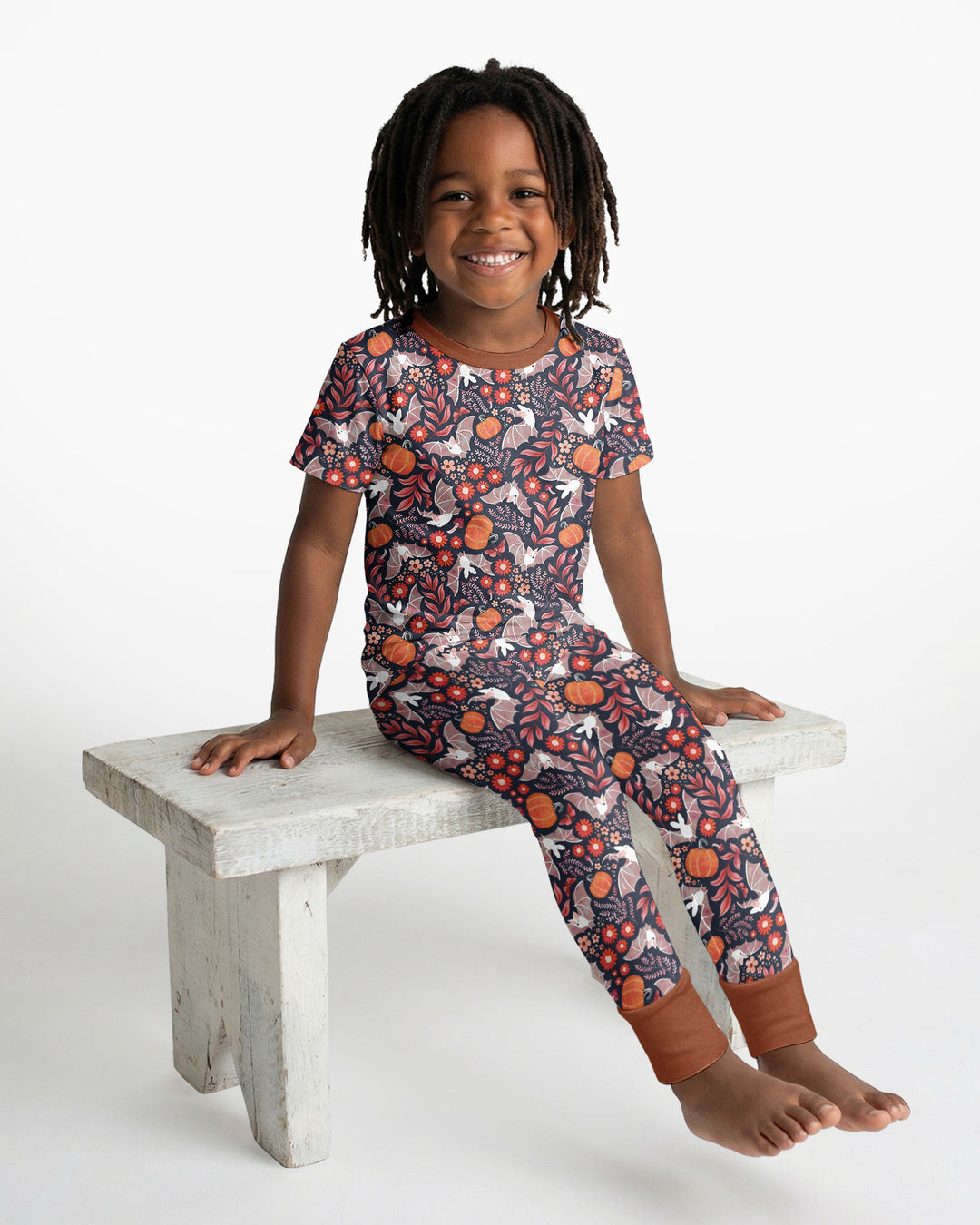Bat Pumpkin Floral Halloween Bamboo Two Piece Short Sleeve Pajama Set