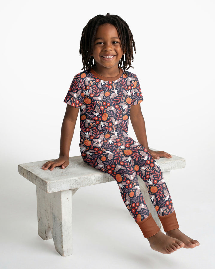 Bat Pumpkin Floral Halloween Bamboo Two Piece Short Sleeve Pajama Set