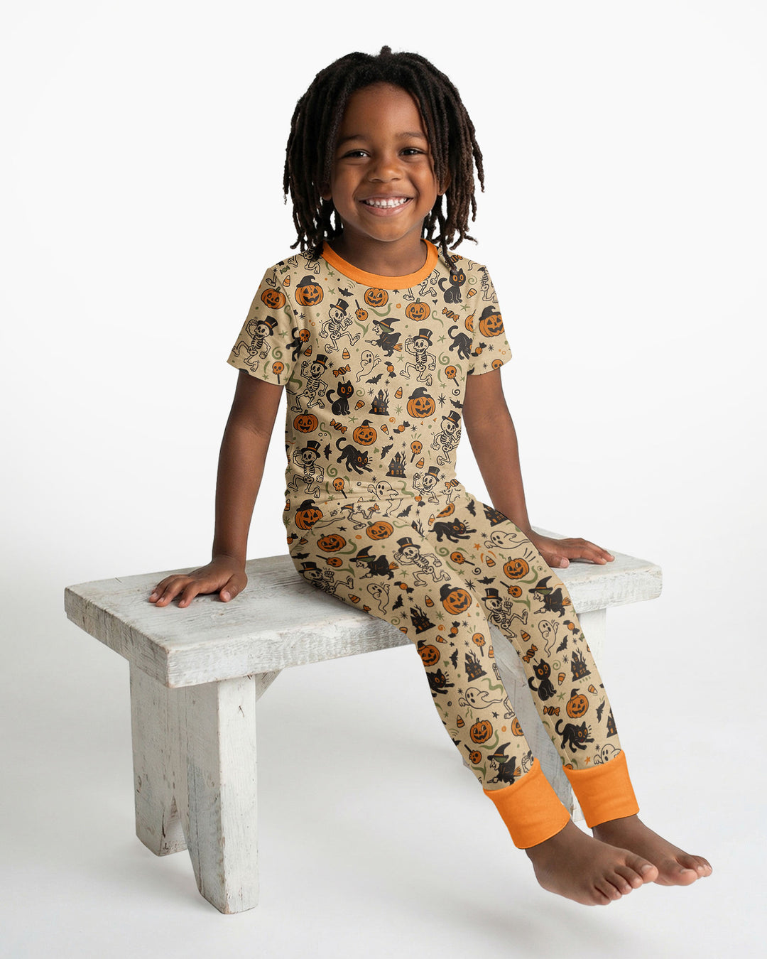 Vintage Skeleton Pumpkin Halloween Bamboo Two Piece Short Sleeve Pajama Set