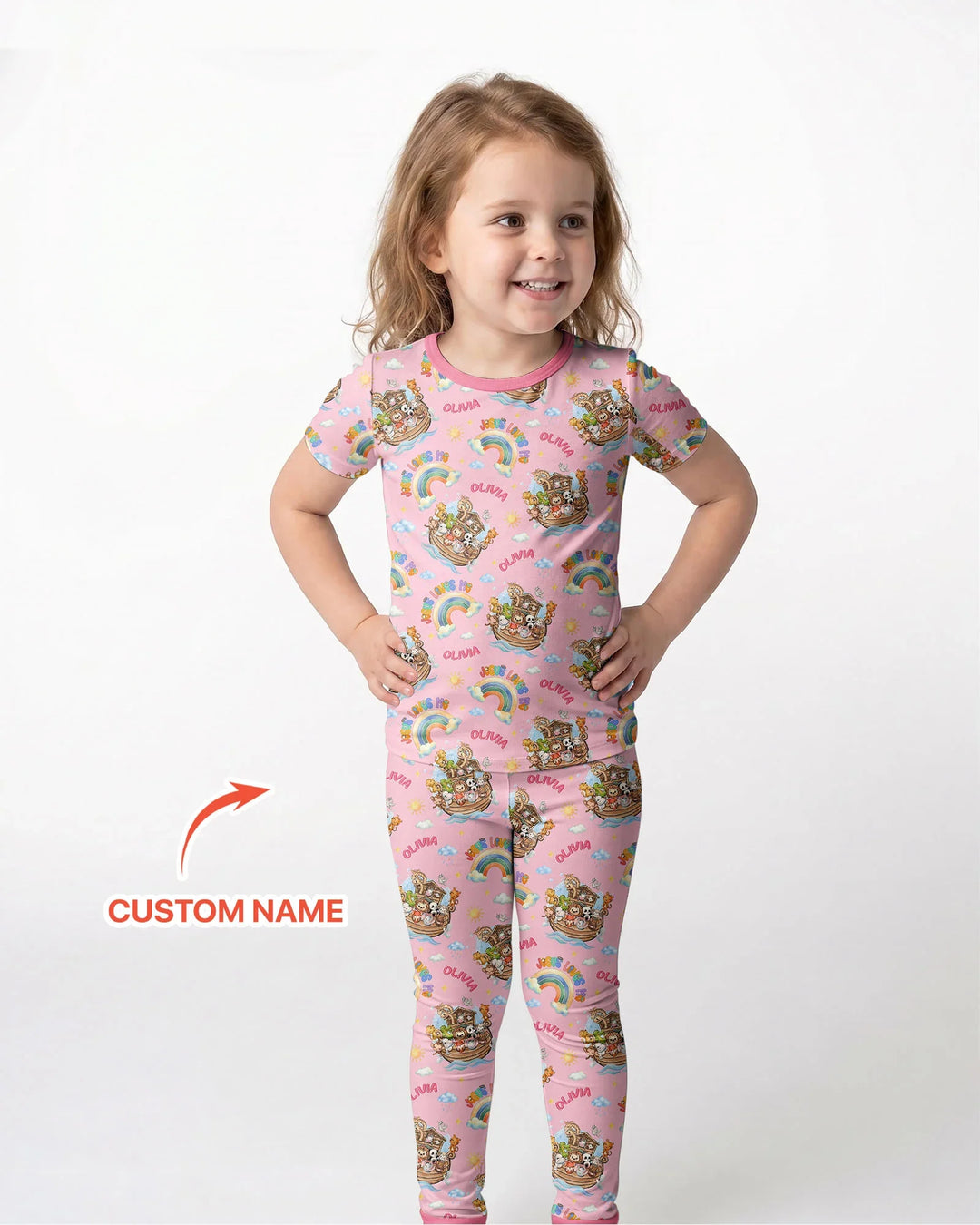 Custom Name Jesus Loves Me Noah's Ark Bamboo Two Piece Short Sleeve Pajama Set