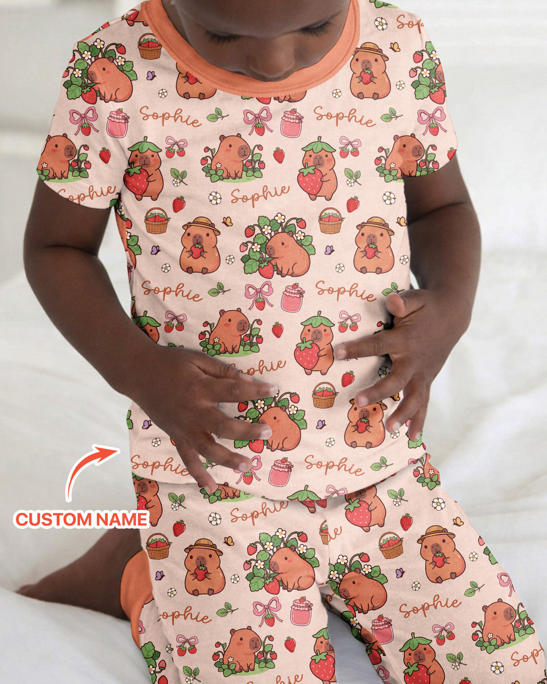 Custom Name Capybara Strawberry Bamboo Two Piece Short Sleeve Pajama Set