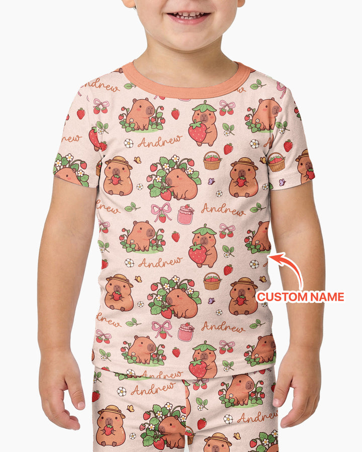 Custom Name Capybara Strawberry Bamboo Two Piece Short Sleeve Pajama Set