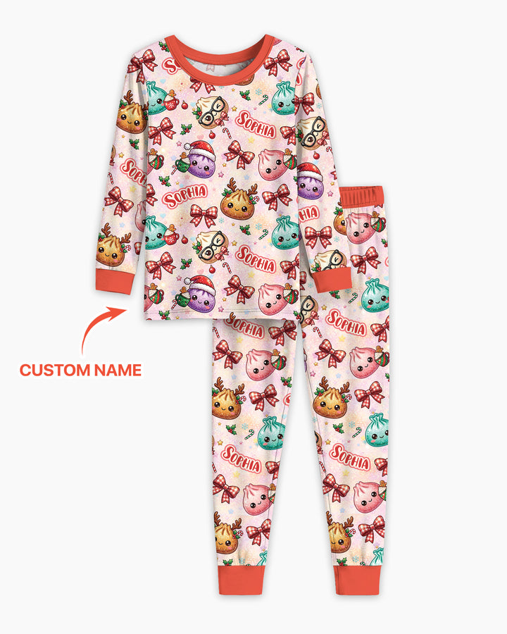 Custom Name Merry Christmas Dumpling Bamboo Two Piece Long Sleeve Pajama Set