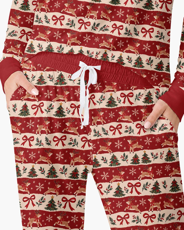 Vintage Reindeer Christmas Stripes Bamboo Women Pajama Set