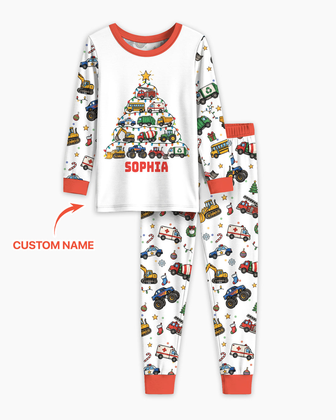 Custom Name Little Trucks Christmas Tree Bamboo Two Piece Long Sleeve Pajama Set