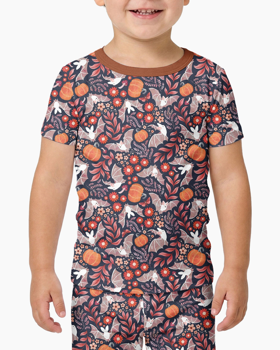 Bat Pumpkin Floral Halloween Bamboo Two Piece Short Sleeve Pajama Set