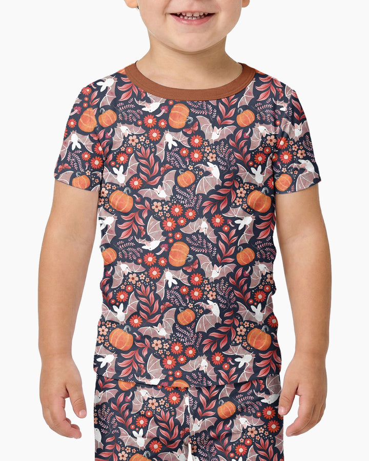 Bat Pumpkin Floral Halloween Bamboo Two Piece Short Sleeve Pajama Set