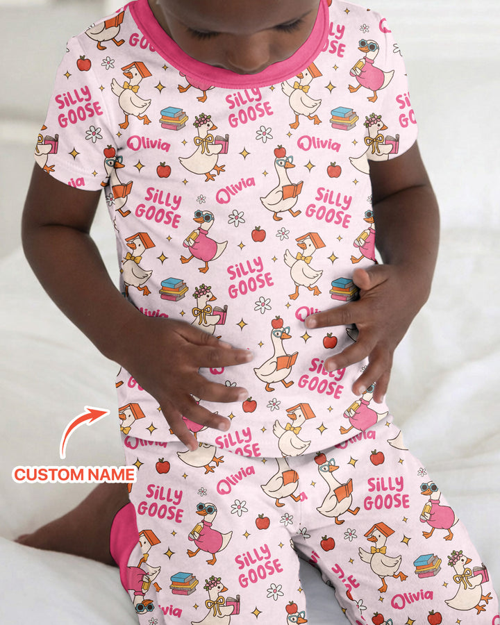 Custom Name Silly Goose Back to School Bamboo Two Piece Short Sleeve Pajama Set