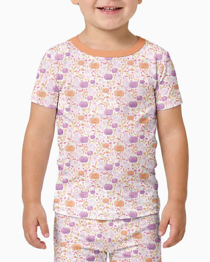 Pastel Pumpkins and Ghosts Bamboo Two Piece Short Sleeve Pajama Set