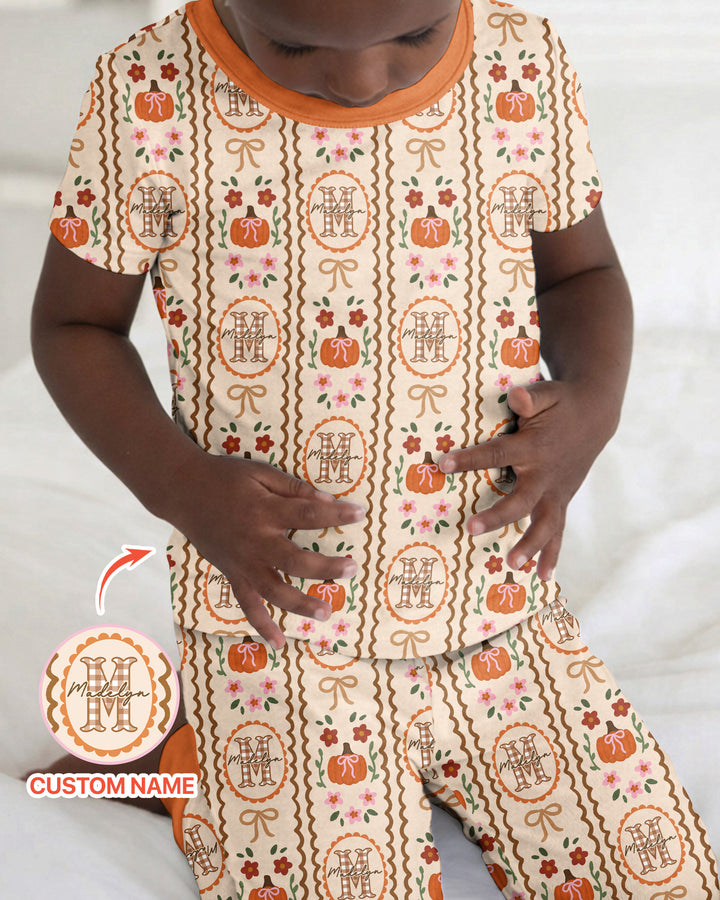 Custom Name Pumpkin Cottage Bamboo Two Piece Short Sleeve Pajama Set