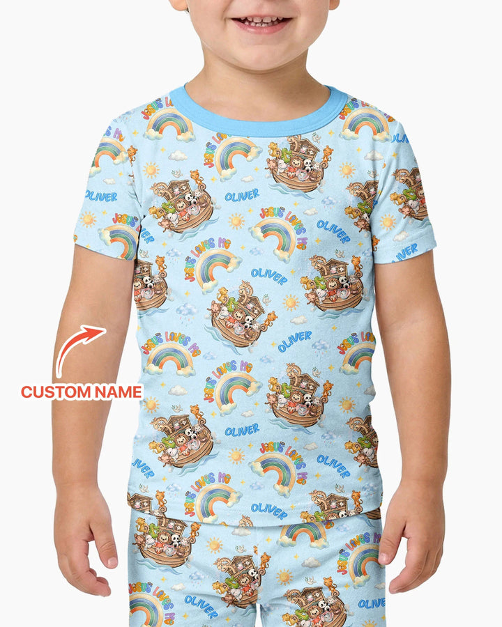 Custom Name Jesus Loves Me Noah's Ark Bamboo Two Piece Short Sleeve Pajama Set