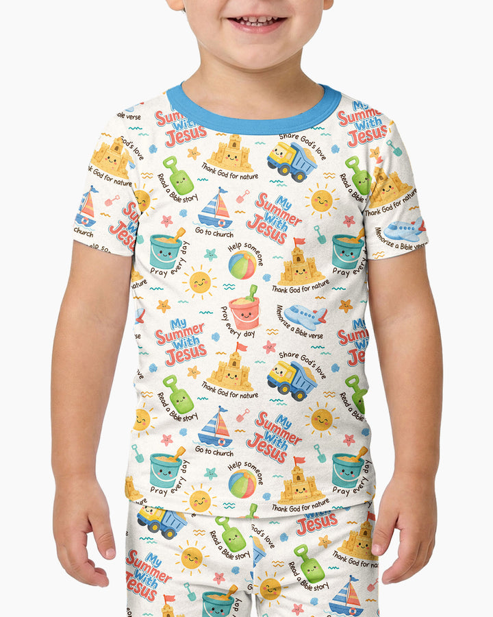 Colorful Summer Beach With Jesus Bamboo Two Piece Short Sleeve Pajama Set