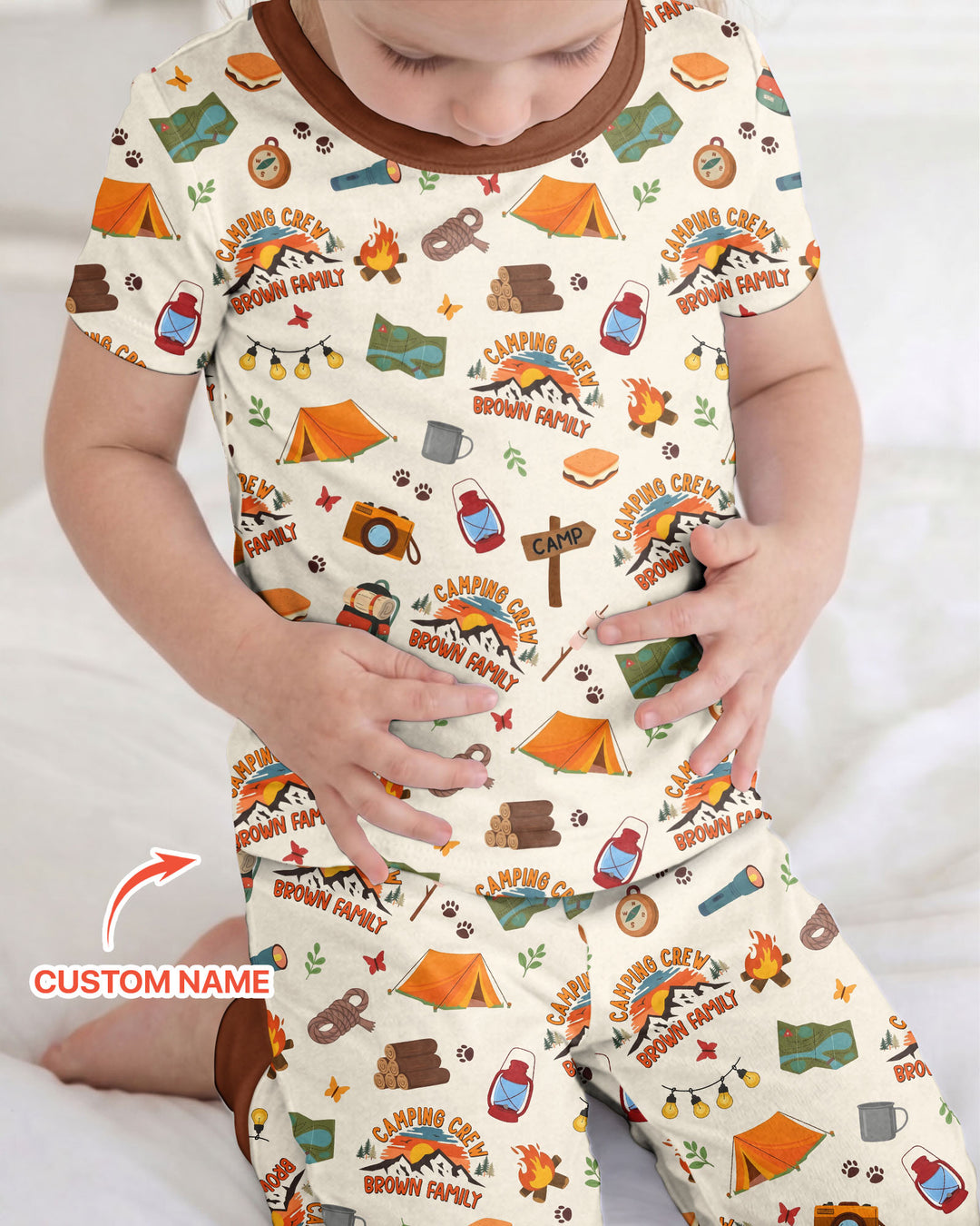 Custom Name Camping Crew Family Matching Bamboo Two Piece Short Sleeve Pajama Set