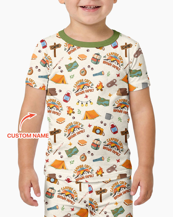 Custom Name Camping Crew Family Matching Bamboo Two Piece Short Sleeve Pajama Set
