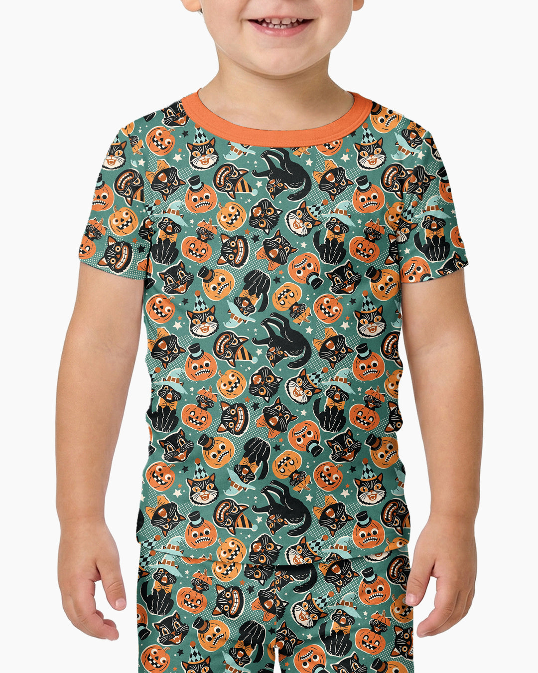 Retro Black Cat Witch Pumpkin Halloween Bamboo Two Piece Short Sleeve Pajama Set