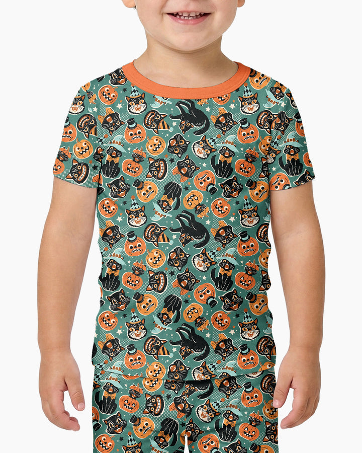 Retro Black Cat Witch Pumpkin Halloween Bamboo Two Piece Short Sleeve Pajama Set