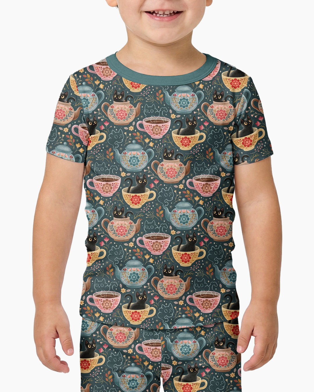 Folk Floral Black Cat Tea Party Bamboo Two Piece Short Sleeve Pajama Set