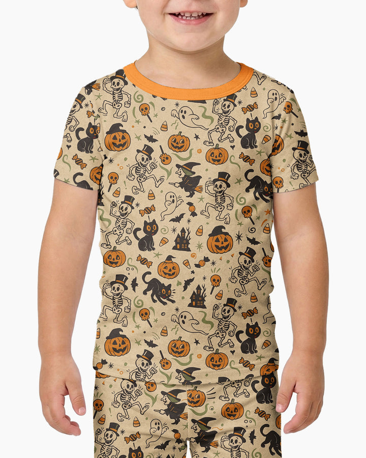 Vintage Skeleton Pumpkin Halloween Bamboo Two Piece Short Sleeve Pajama Set