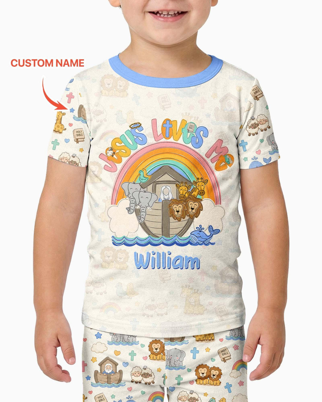 Custom Name Noah's Ark Jesus Loves Me Bamboo Two Piece Short Sleeve Pajama Set