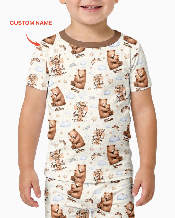 Custom Name Blessed By God Spoiled By Grandma Bamboo Two Piece Short Sleeve Pajama Set