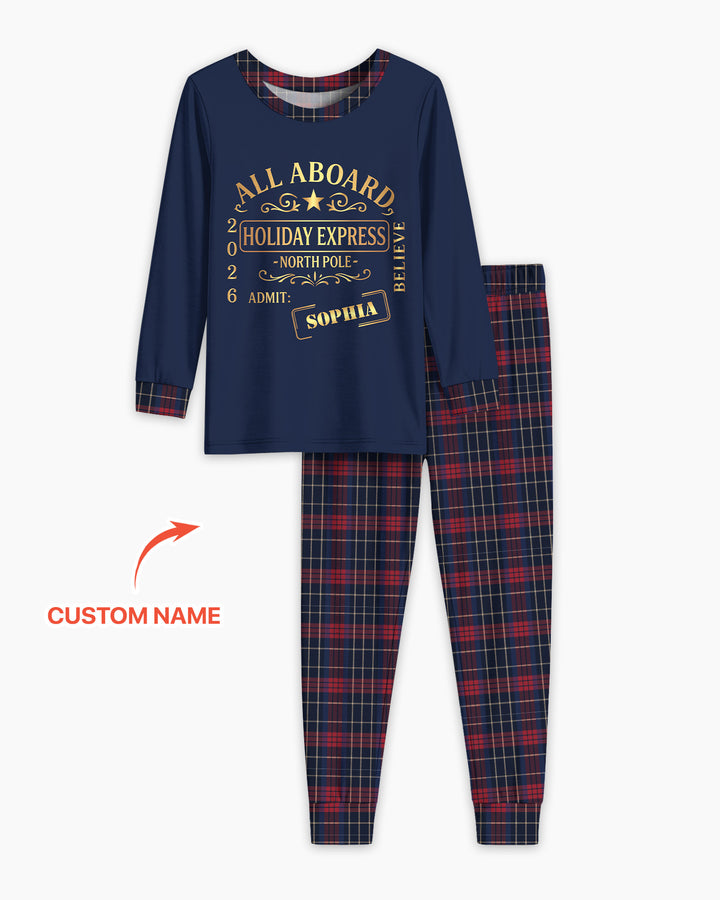 Custom Name North Pole Plaid Bamboo Two Piece Long Sleeve Pajama Set
