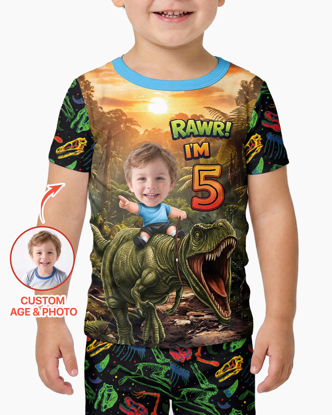 Custom Photo Dino Rawr Birthday Bamboo Two Piece Short Sleeve Pajama Set