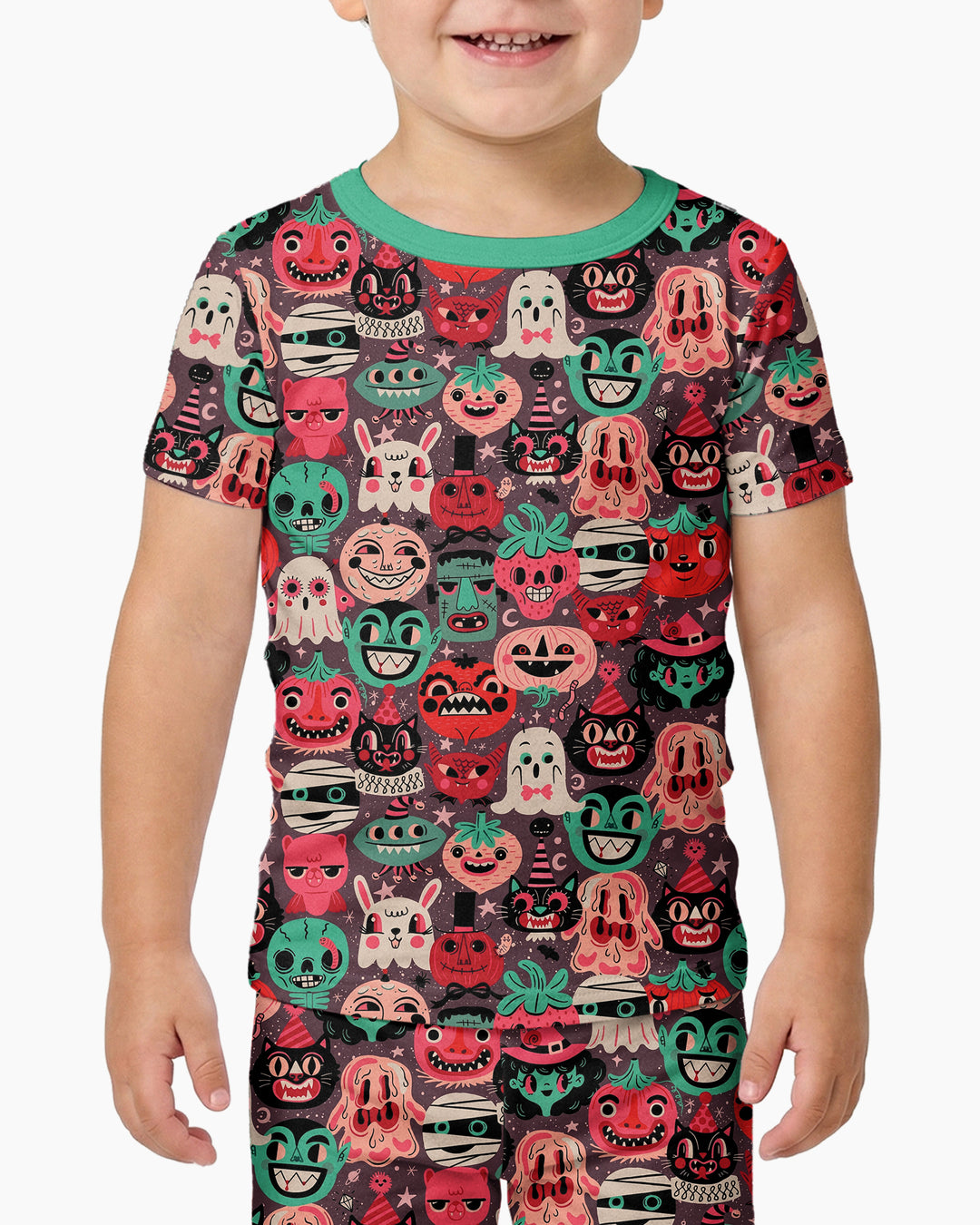 Retro Halloween Monsters Ghost Pumpkin Mummy Bamboo Two Piece Short Sleeve Pajama Set