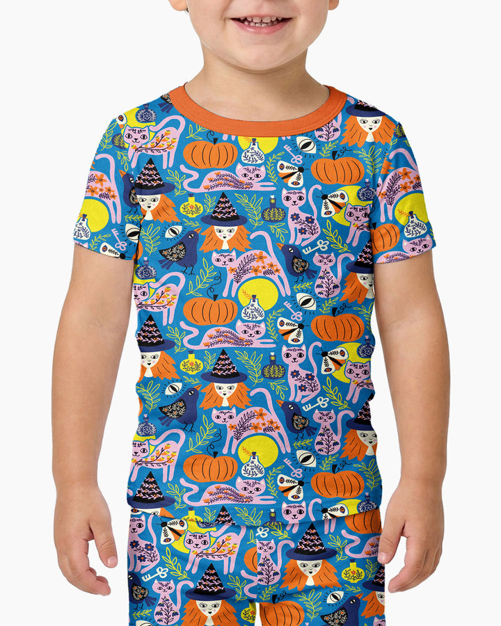Whimsical Witch Cats Bamboo Two Piece Short Sleeve Pajama Set